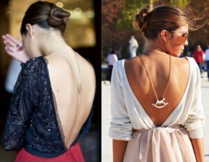 Different women wear fine geometric style chains and pendants on their backs.