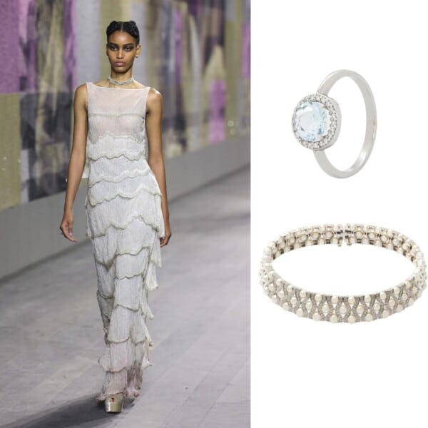 Modelo de Christian Dior, durante el desfile de Alta Costura de París 2023 y joyas propuestas como complementos al look