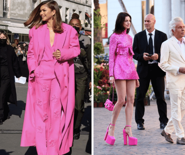 Actress Zendaya, wearing a total pink look, as well as actress Anne Hathaway.