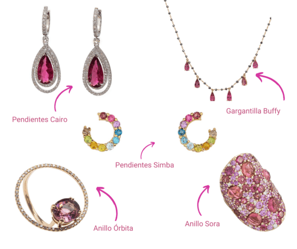 Earrings, pendants and rings from Gordillo Jewelry, with different gemstones such as diamonds, tourmalines or sapphires.