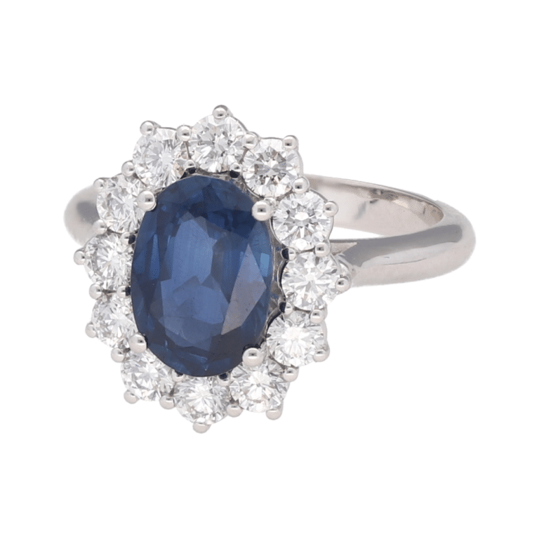 Anillo oro blanco diamantes y zafiro