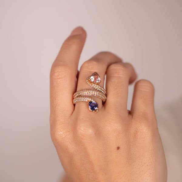 Snake shaped ring with tourmaline and tanzanite