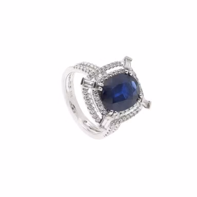 Anillo Monah de oro blanco, diamante y zafiro