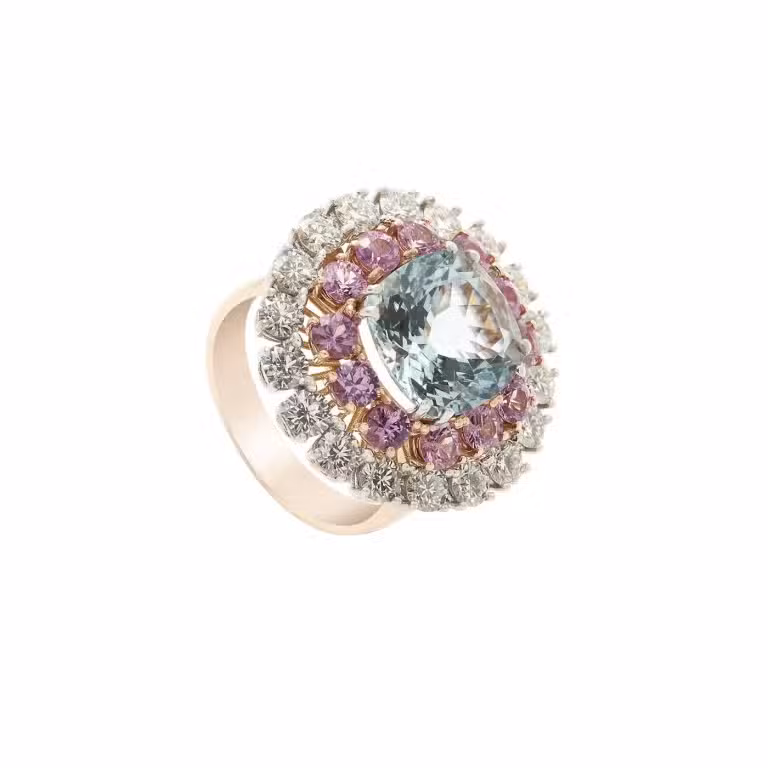 Sortija Violette realizada en oro rosa y blanco con diamantes, zafiros rosas y aguamarina
