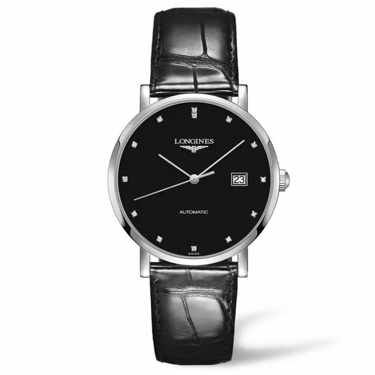 Longines Elegant Collection watch in steel and black leather 39mm