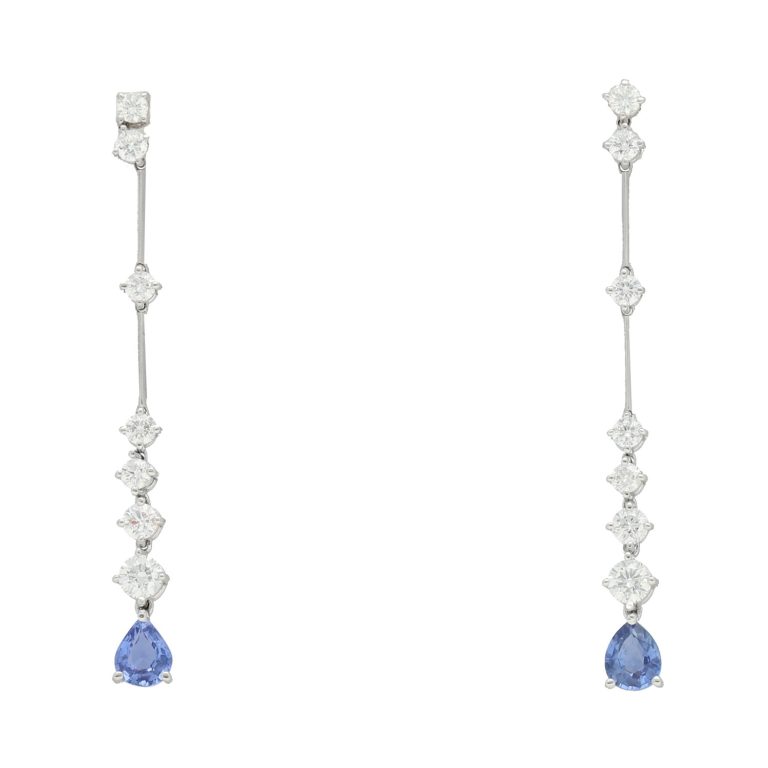 Pendientes oro blanco diamantes y zafiro