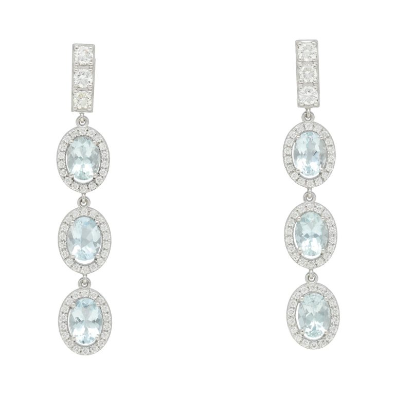 Pendientes oro blanco diamantes y aguamarinas