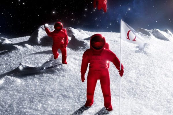 Astronauts with omega flag