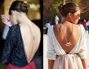 Different women wear fine chains and geometric-style pendants on their backs