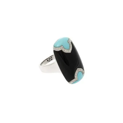 Hortensia ring, white gold, onyx, diamonds and turquoise