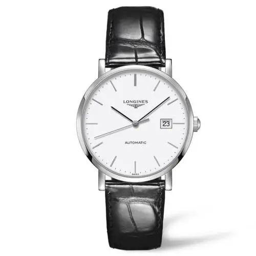 Clock Longines Elegant Collection of Steel and Black Leather 39mm