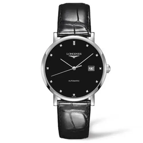 Clock Longines Elegant Collection in Steel and Black Leather