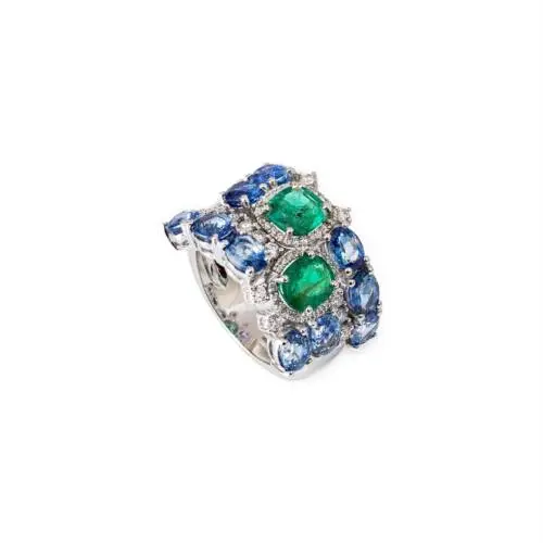 Agadir ring in white gold, sapphires, emeralds and diamonds