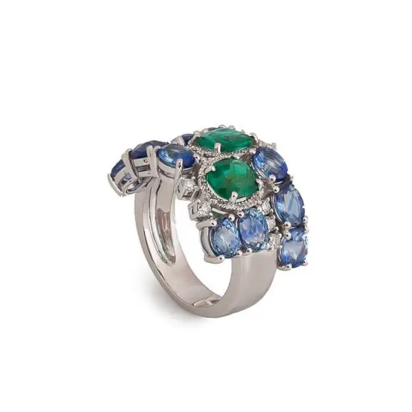 Agadir ring in white gold, sapphires, emeralds and diamonds