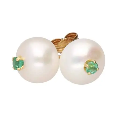 White pearl earrings with green emerald